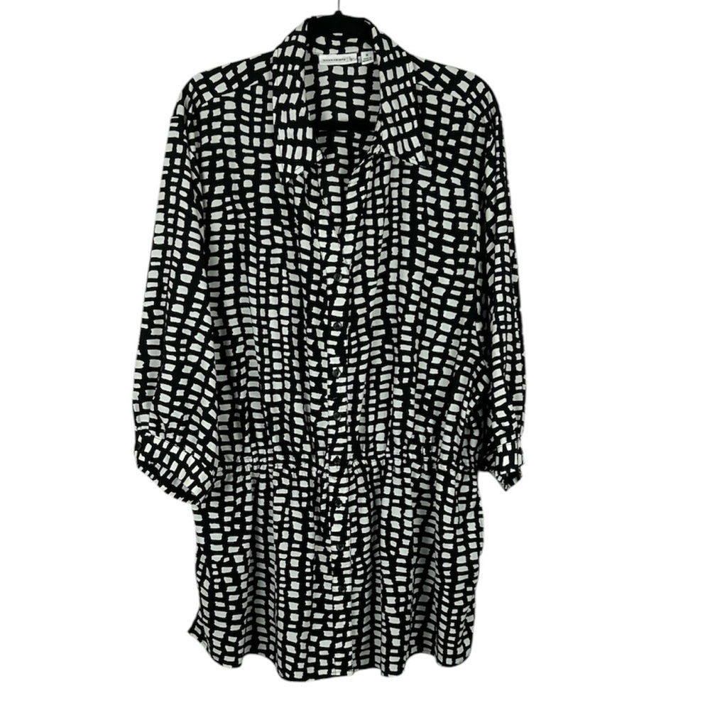 Susan Graver Geometric Long Sleeve Pockets Button Down Tunic Top 1X Black White